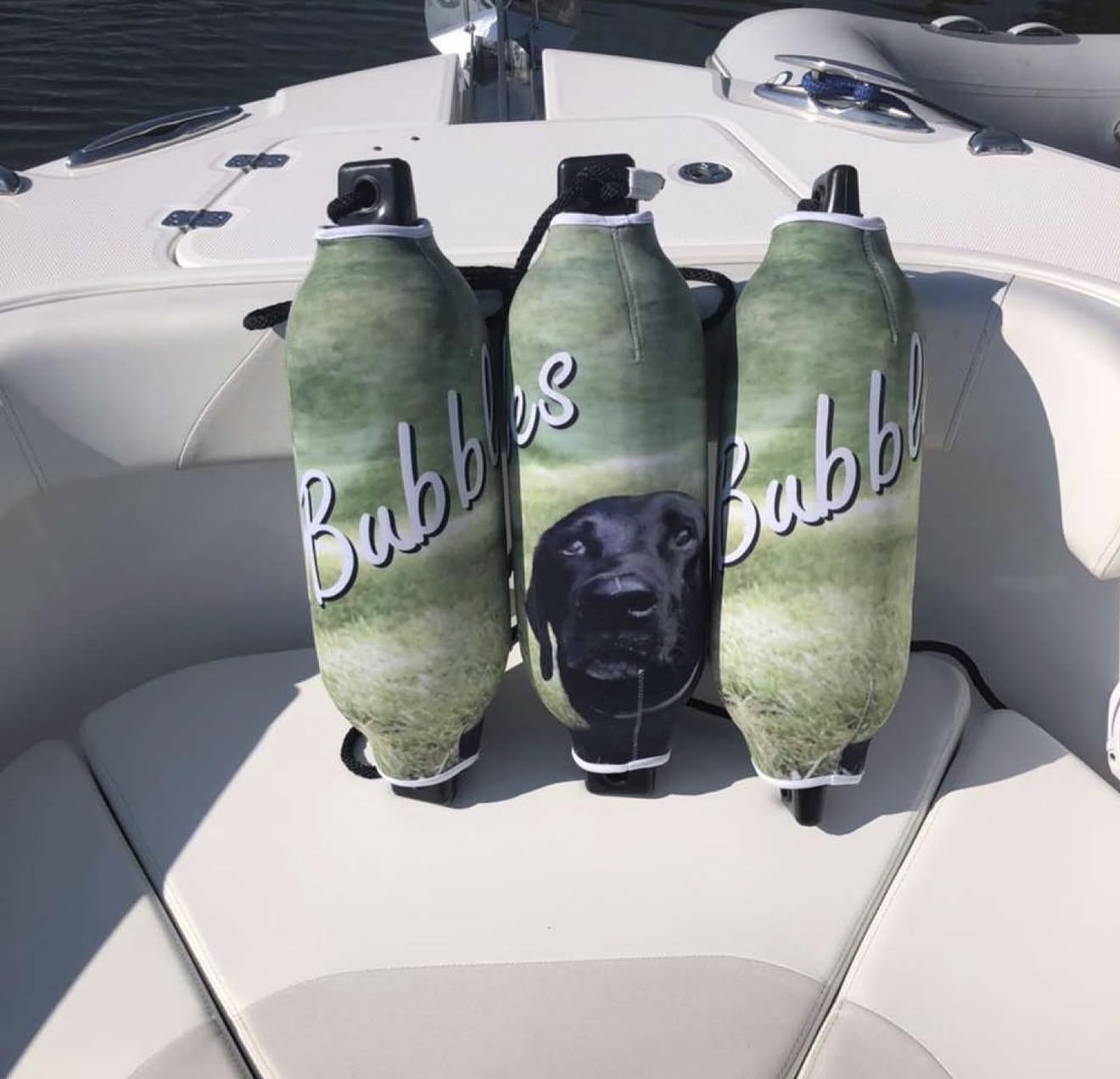 Bubbles custom pet photo boat fender covers — three-piece set on center console