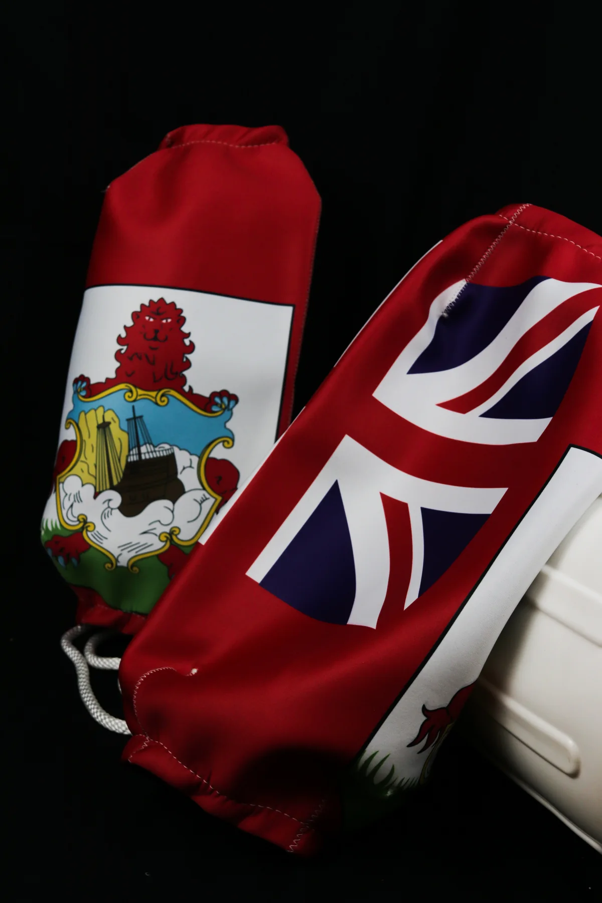 Bermuda crest and Union Jack custom FenderSox pair