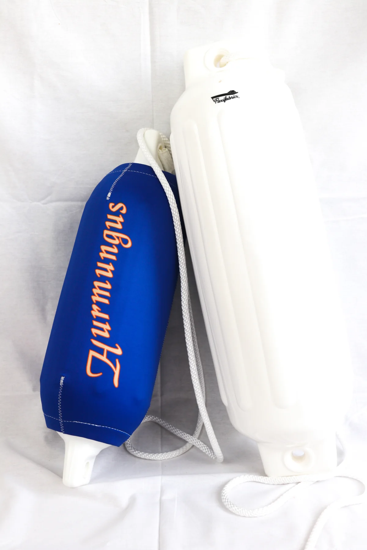 Blue Huntington script custom FenderSox displayed against a white studio background