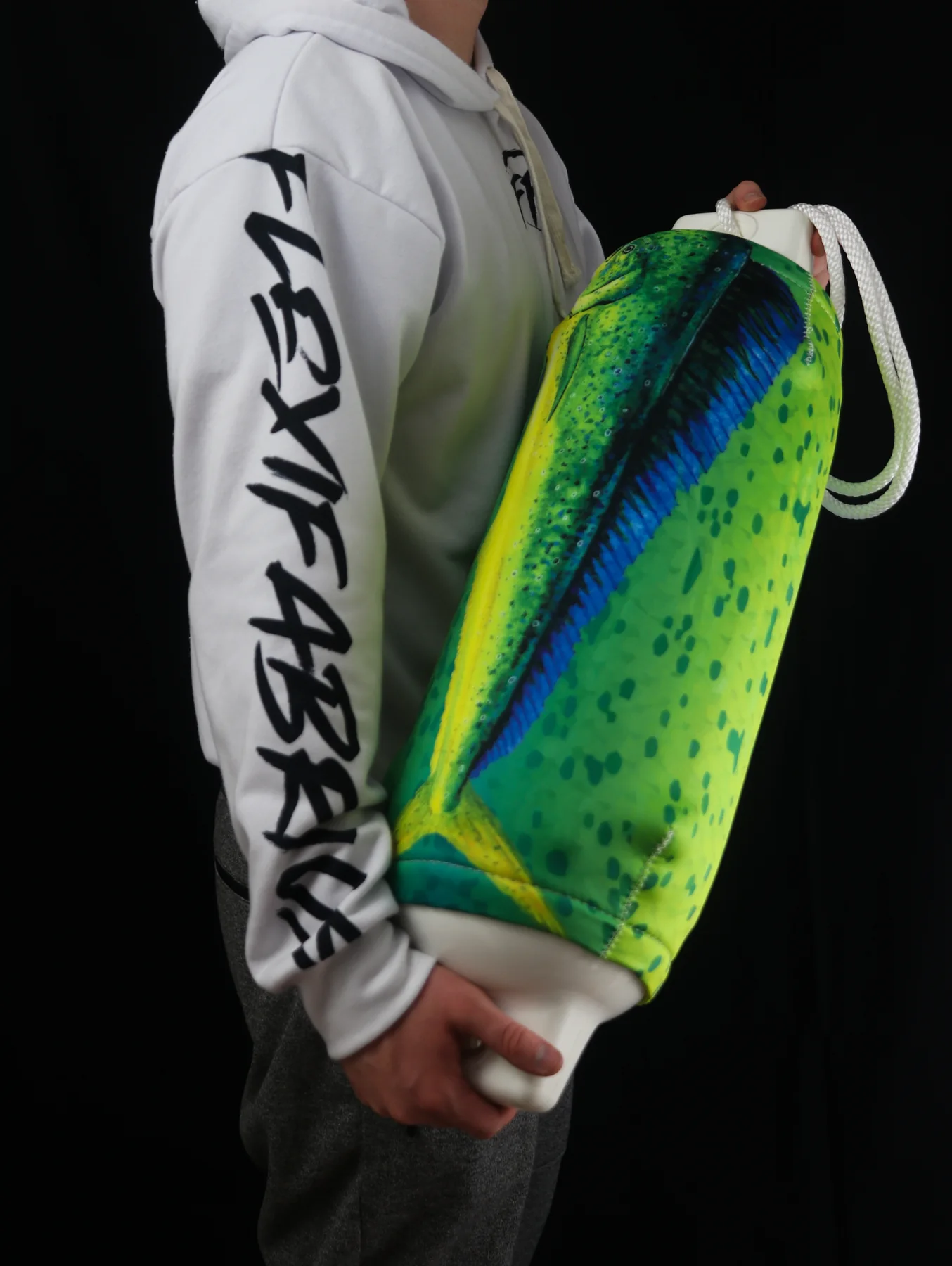Vivid mahi-mahi custom FenderSox cover carried by a Flexifabrics team member