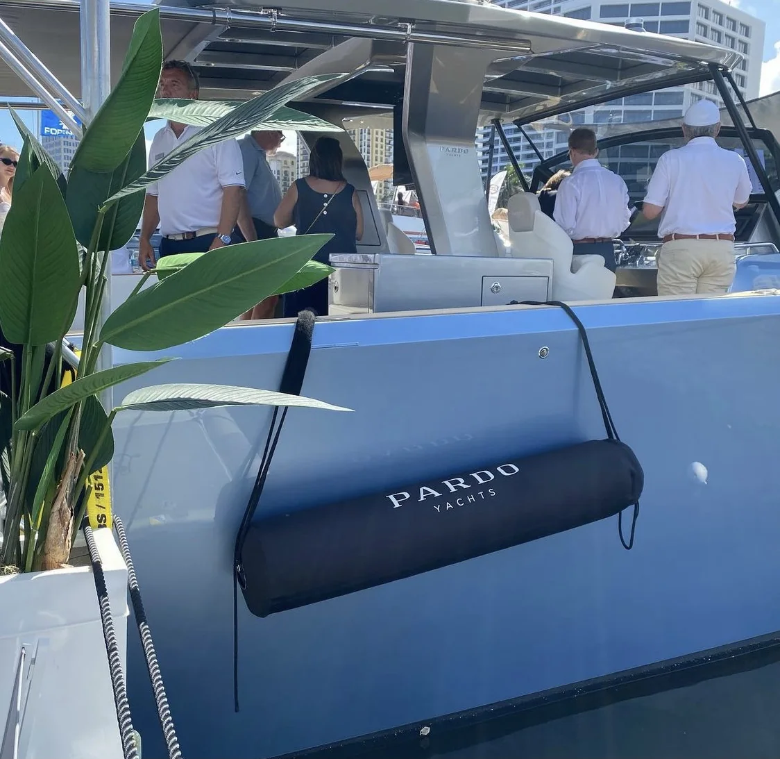Pardo Yachts branded black FenderSox installed at a marina