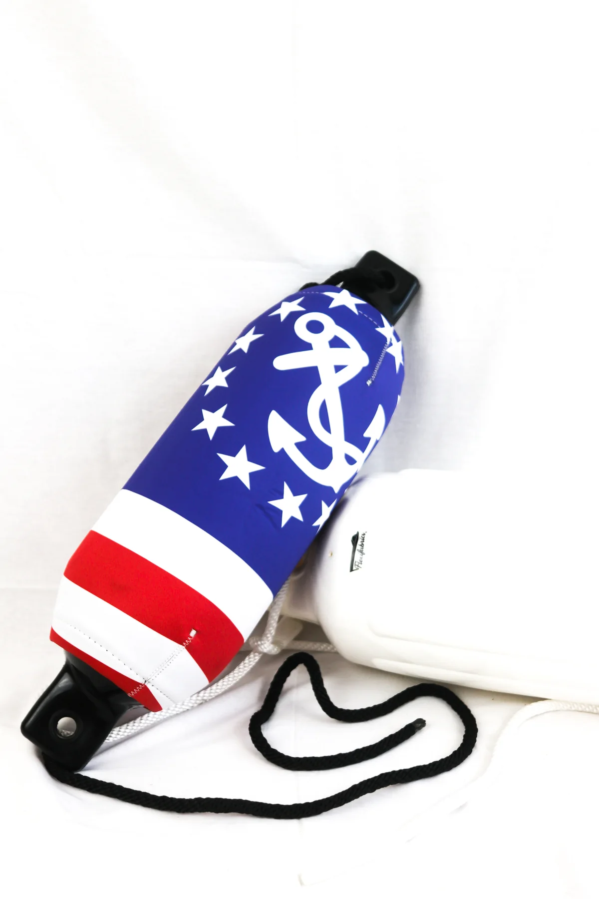 Patriotic red white and blue custom FenderSox photographed on white