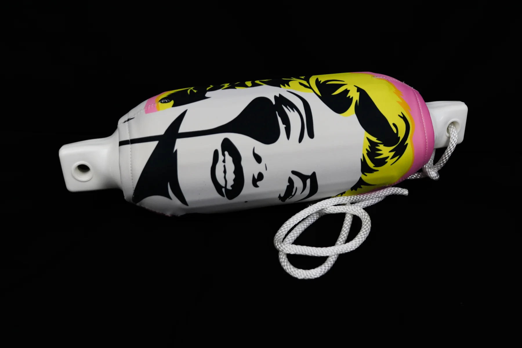 Colorful pop-art portrait custom FenderSox photographed horizontally