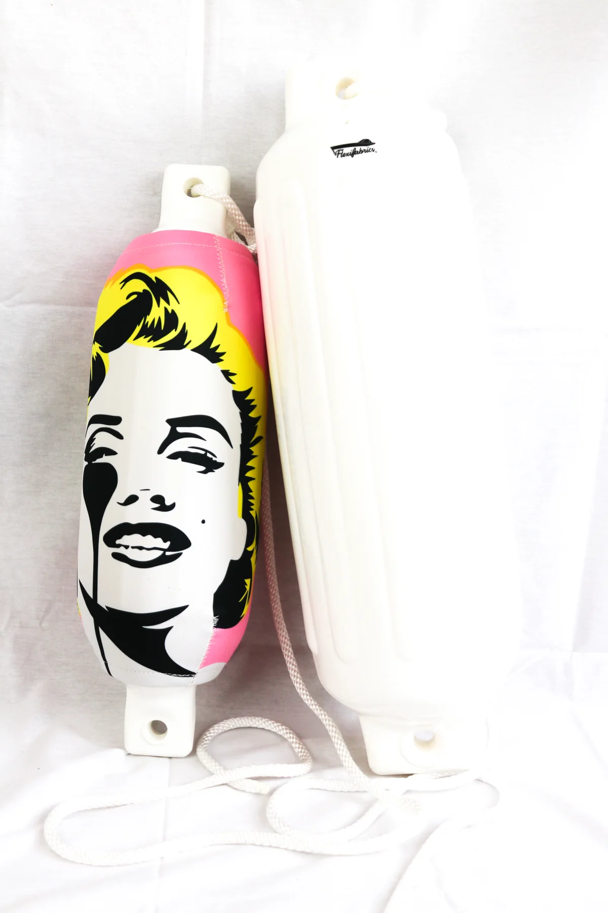 Colorful pop-art portrait custom FenderSox displayed against a white studio background