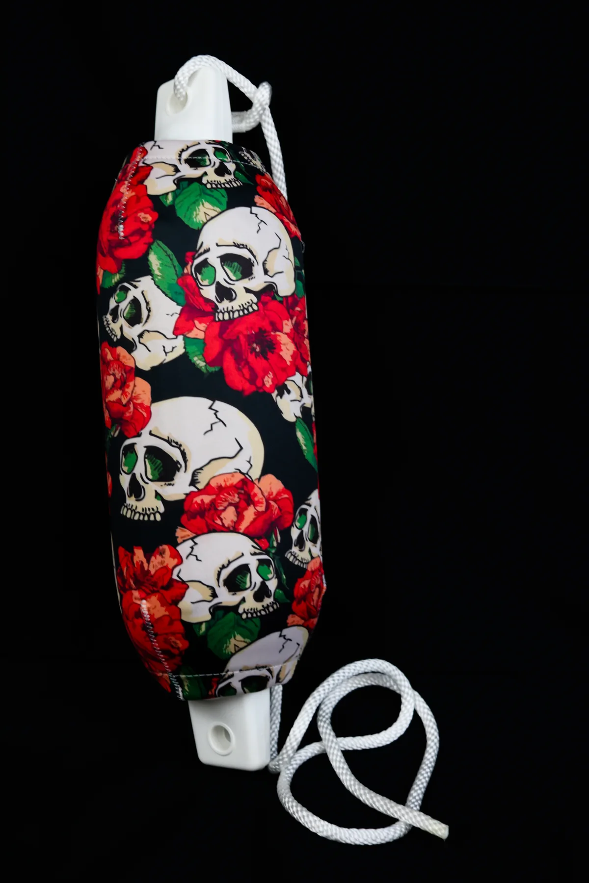 Skulls and red roses custom FenderSox photographed vertically in the studio