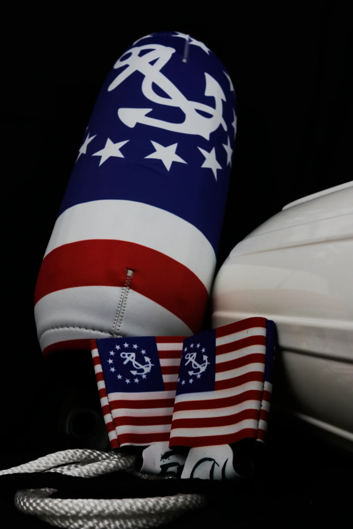 Stars and stripes custom FenderSox set showing vivid full-color printing on neoprene