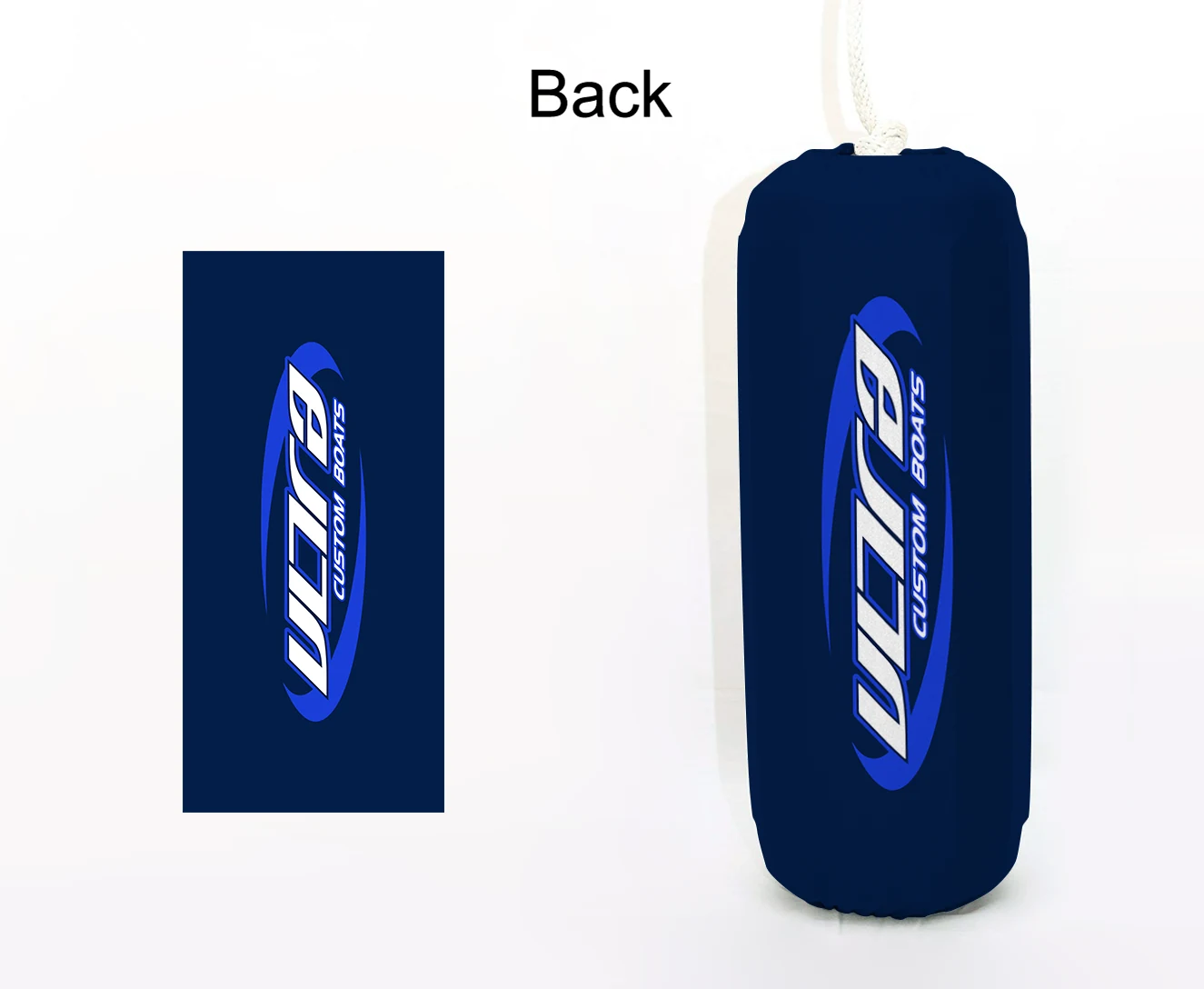 Ultra Custom Boats FenderSox™ — navy colorway with blue and white wordmark, back view