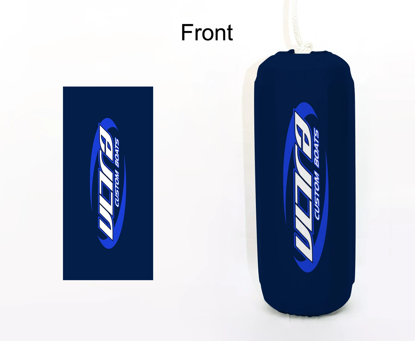 Ultra Custom Boats FenderSox™ — navy colorway with blue and white wordmark, front view