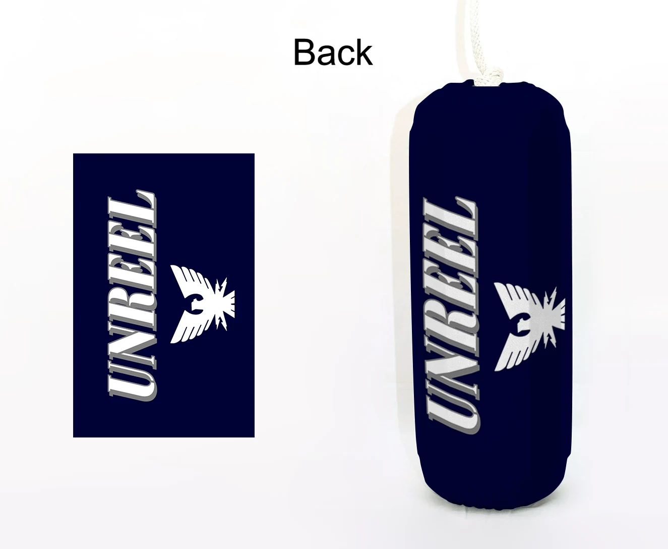 UNREEL Navy FenderSox™ — navy colorway with white wordmark and fish graphic, back view