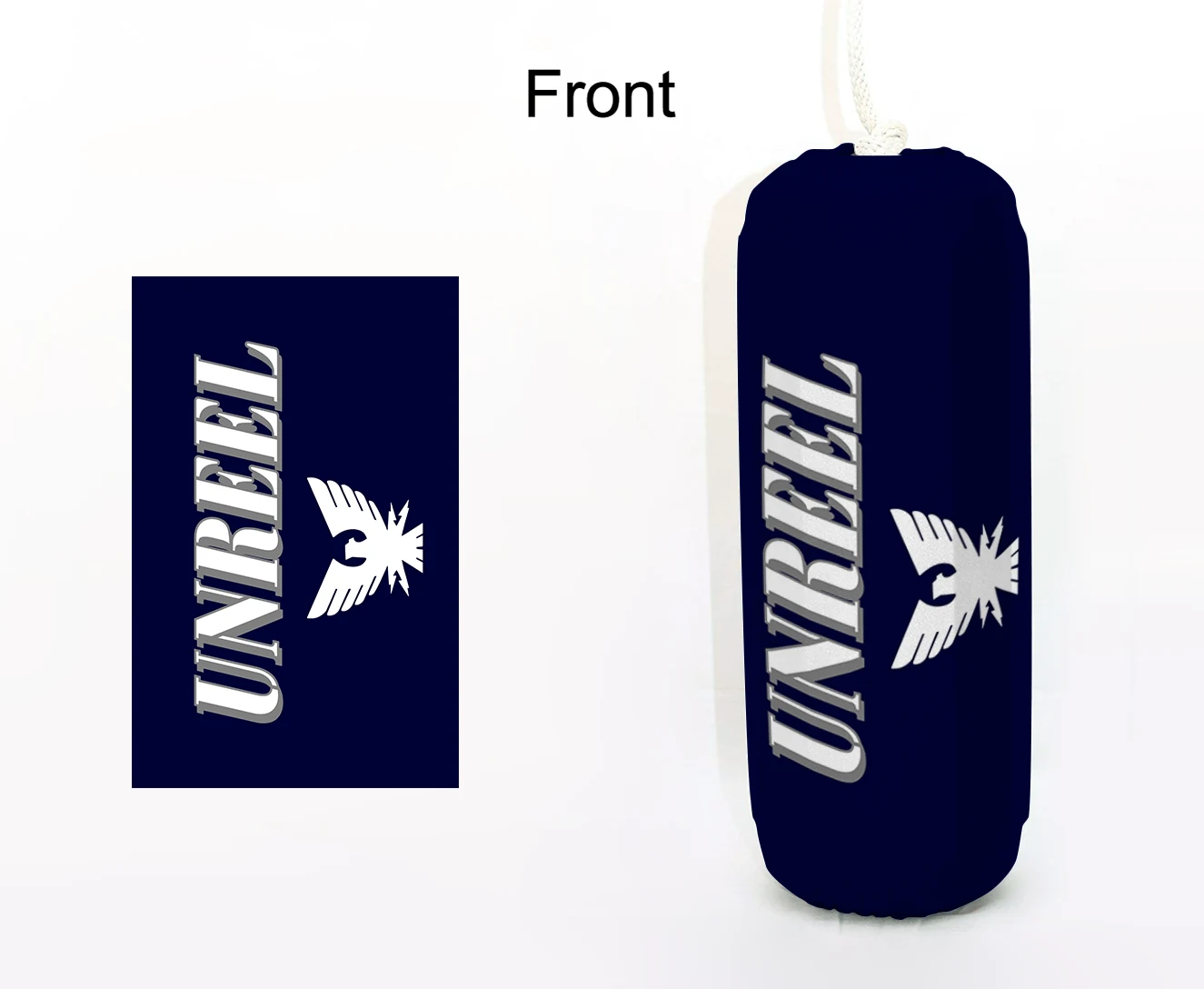 UNREEL Navy FenderSox™ — navy colorway with white wordmark and fish graphic, front view