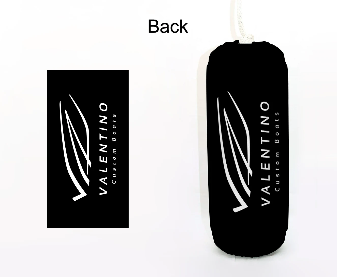 Valentino Custom Boats FenderSox™ — black colorway, back view with white wordmark