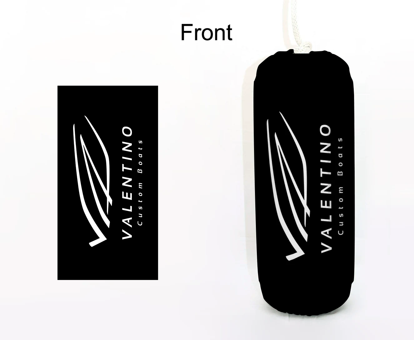 Valentino Custom Boats FenderSox™ — black colorway, front view with white wordmark