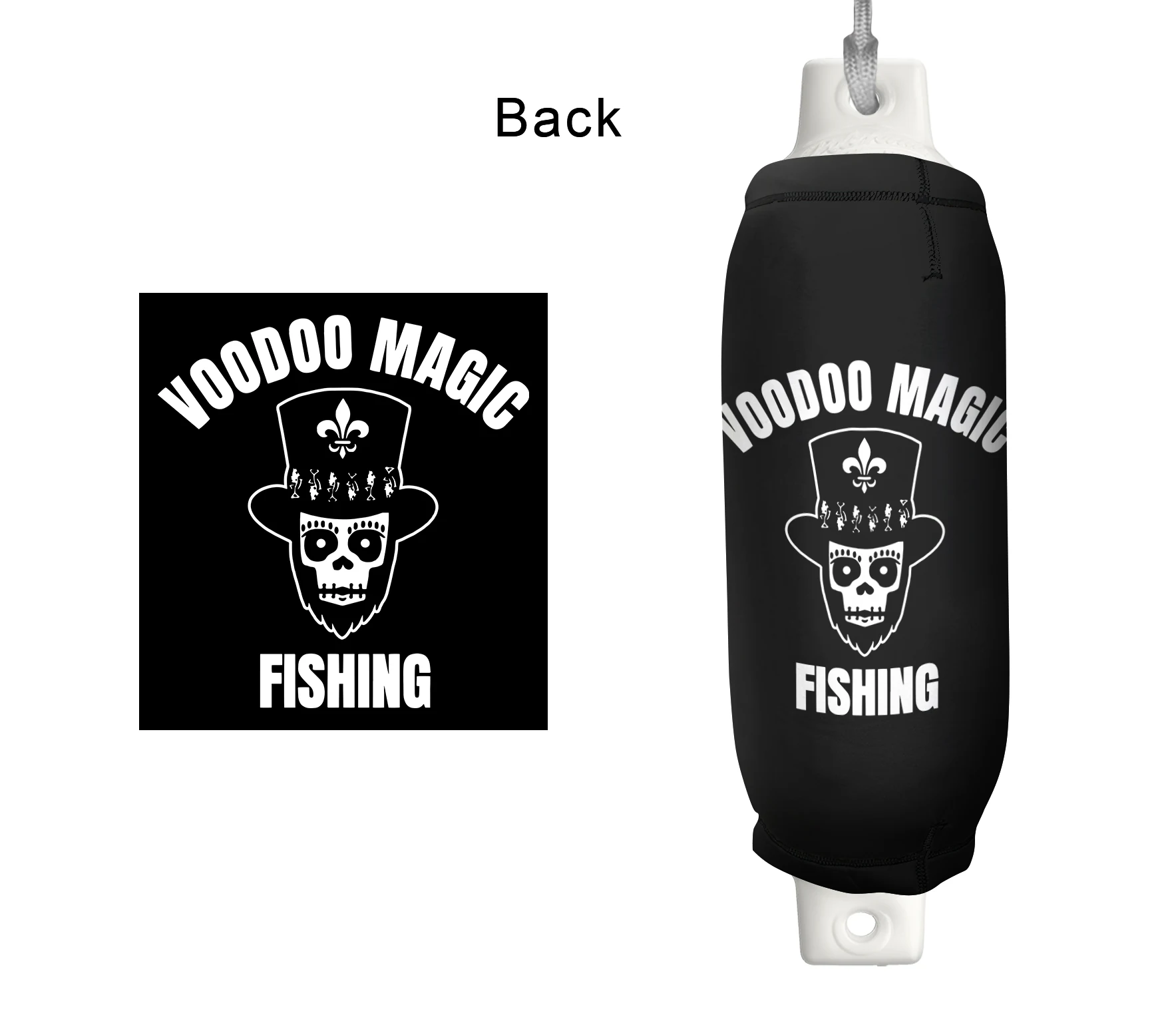 Voodoo Magic Fishing FenderSox™ — black colorway with white logo, back view