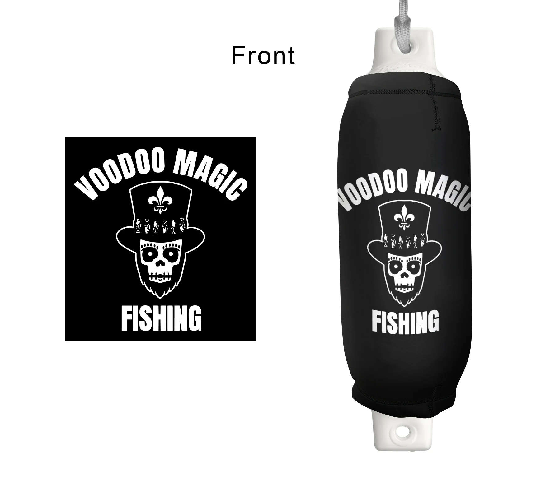 Voodoo Magic Fishing FenderSox™ — black colorway with white logo, front view