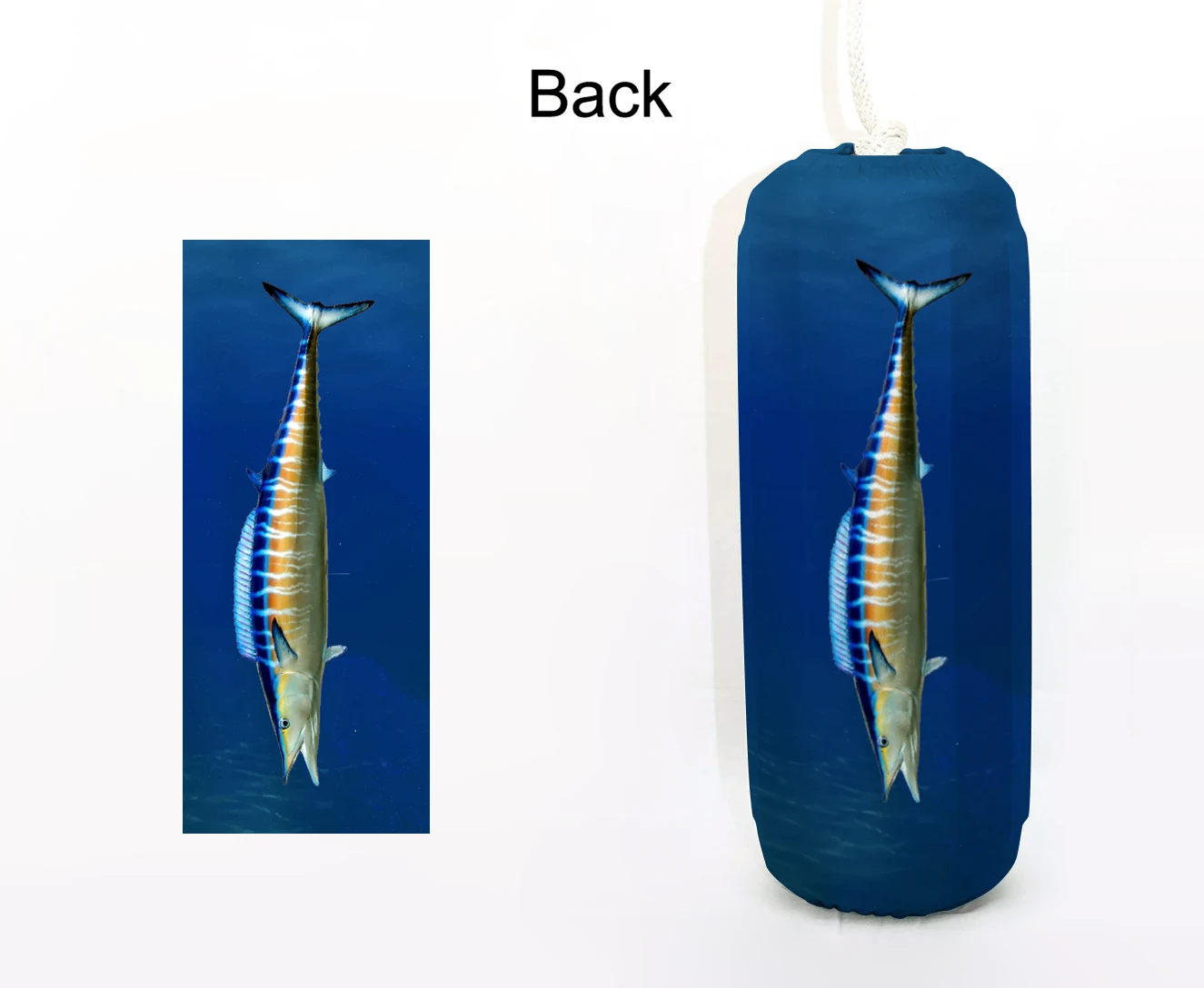 Wahoo FenderSox™ — blue colorway with yellow fish graphic, back view