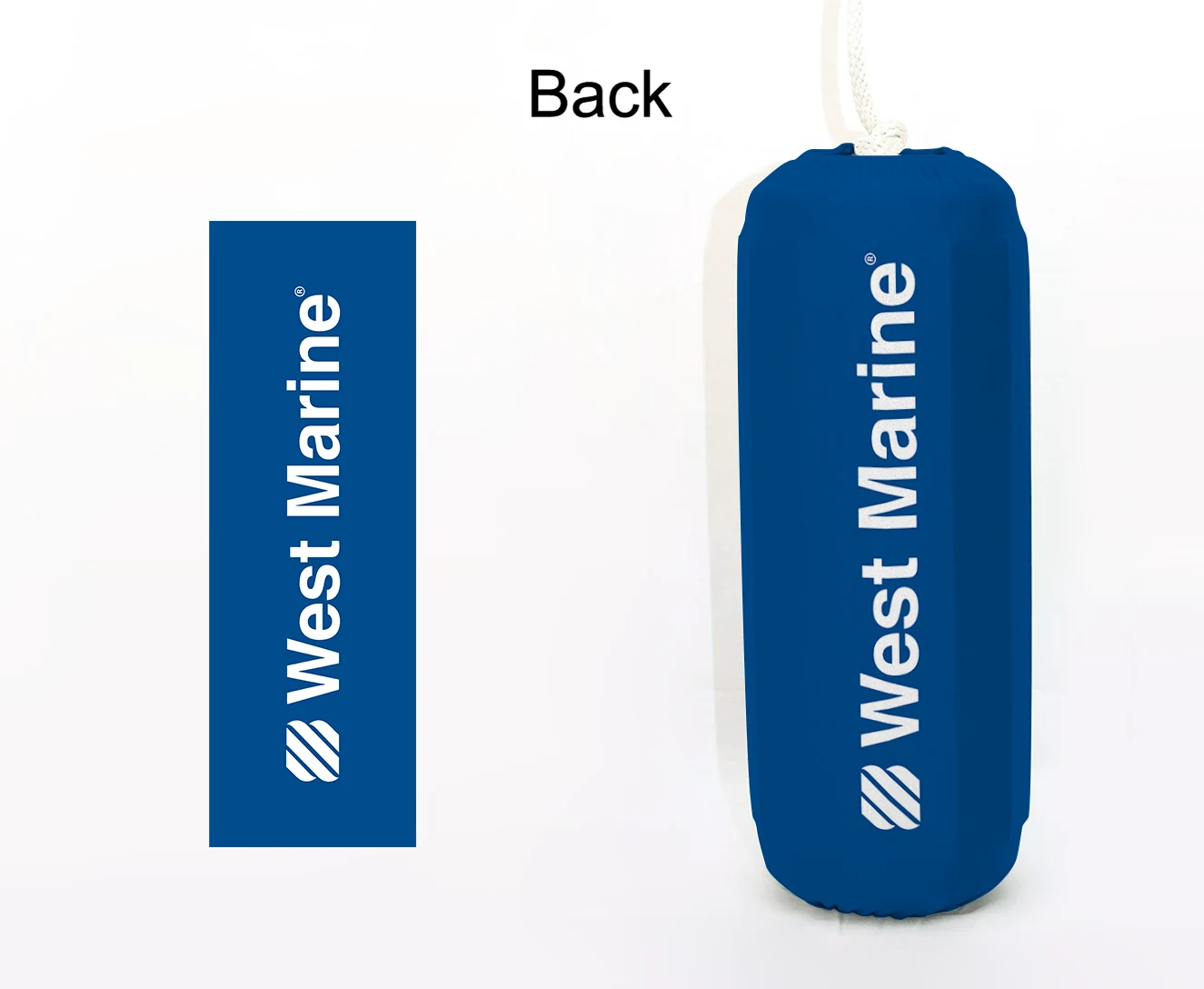 West Marine FenderSox™ — blue colorway with white wordmark, back view