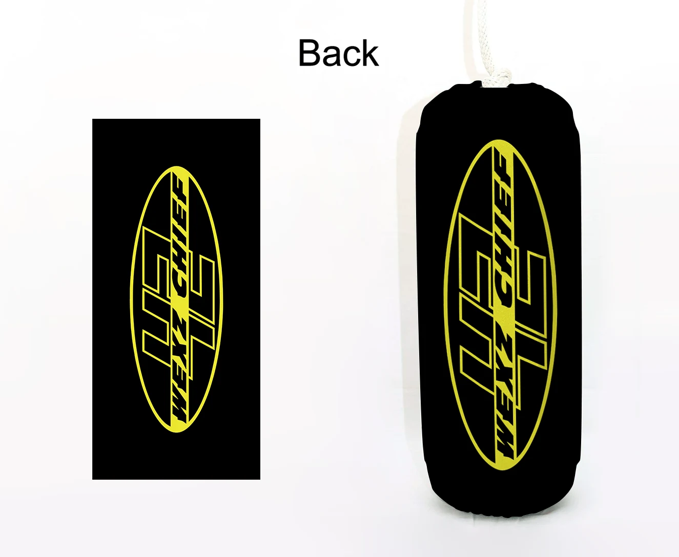 Wexz Chief FenderSox™ — black colorway with yellow emblem, back view