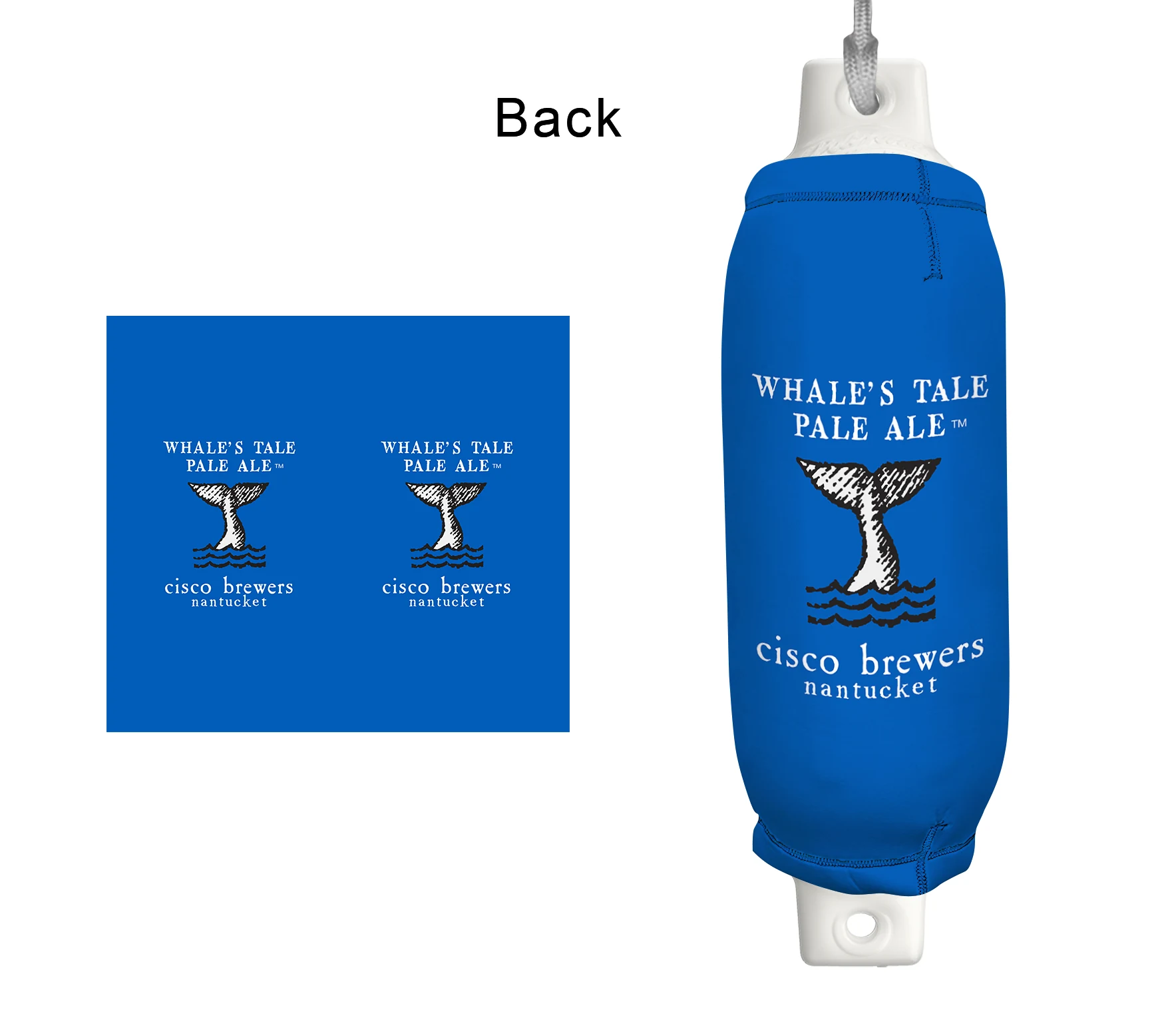 Whale's Tale FenderSox™ — blue colorway with white whale graphic, back view