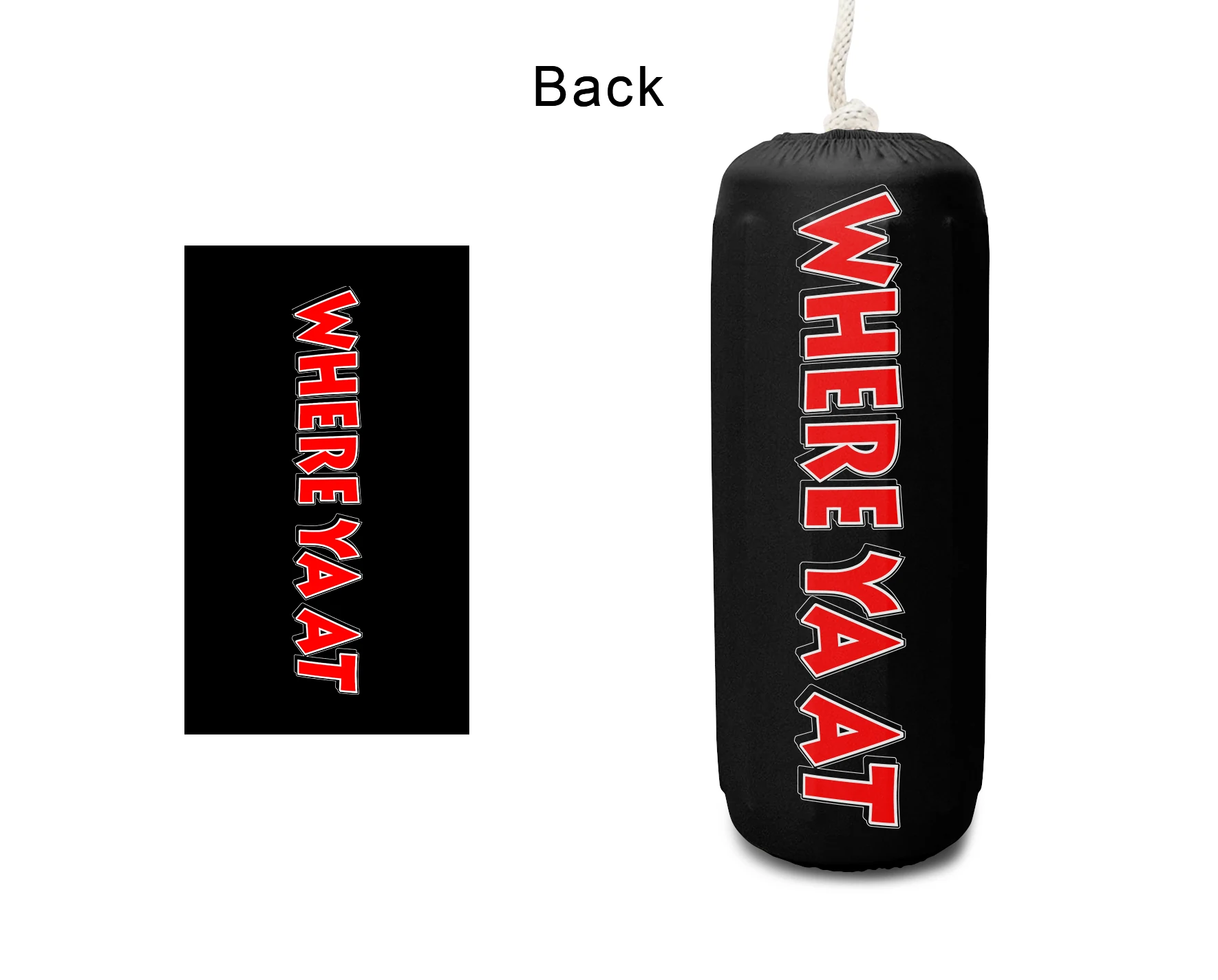 Where Ya At FenderSox™ — black colorway with red and white wordmark, back view