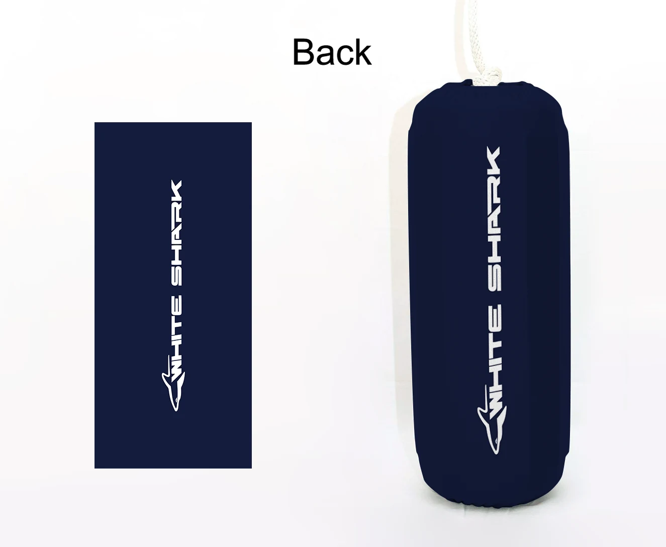 White Shark FenderSox™ — navy colorway with white wordmark, back view
