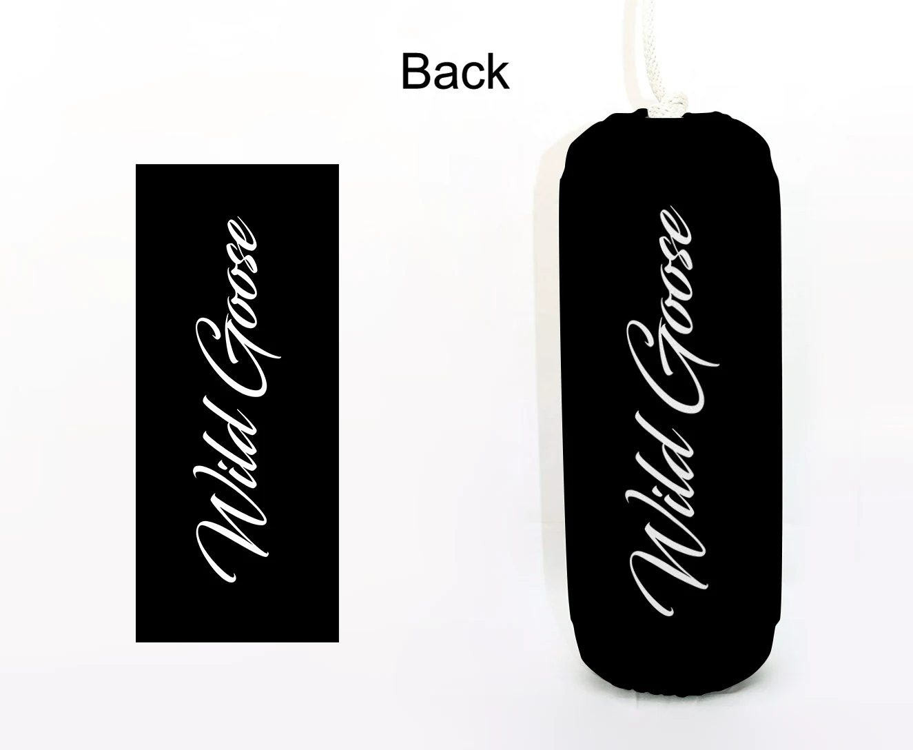 Wild Goose FenderSox™ — black colorway with white wordmark, back view
