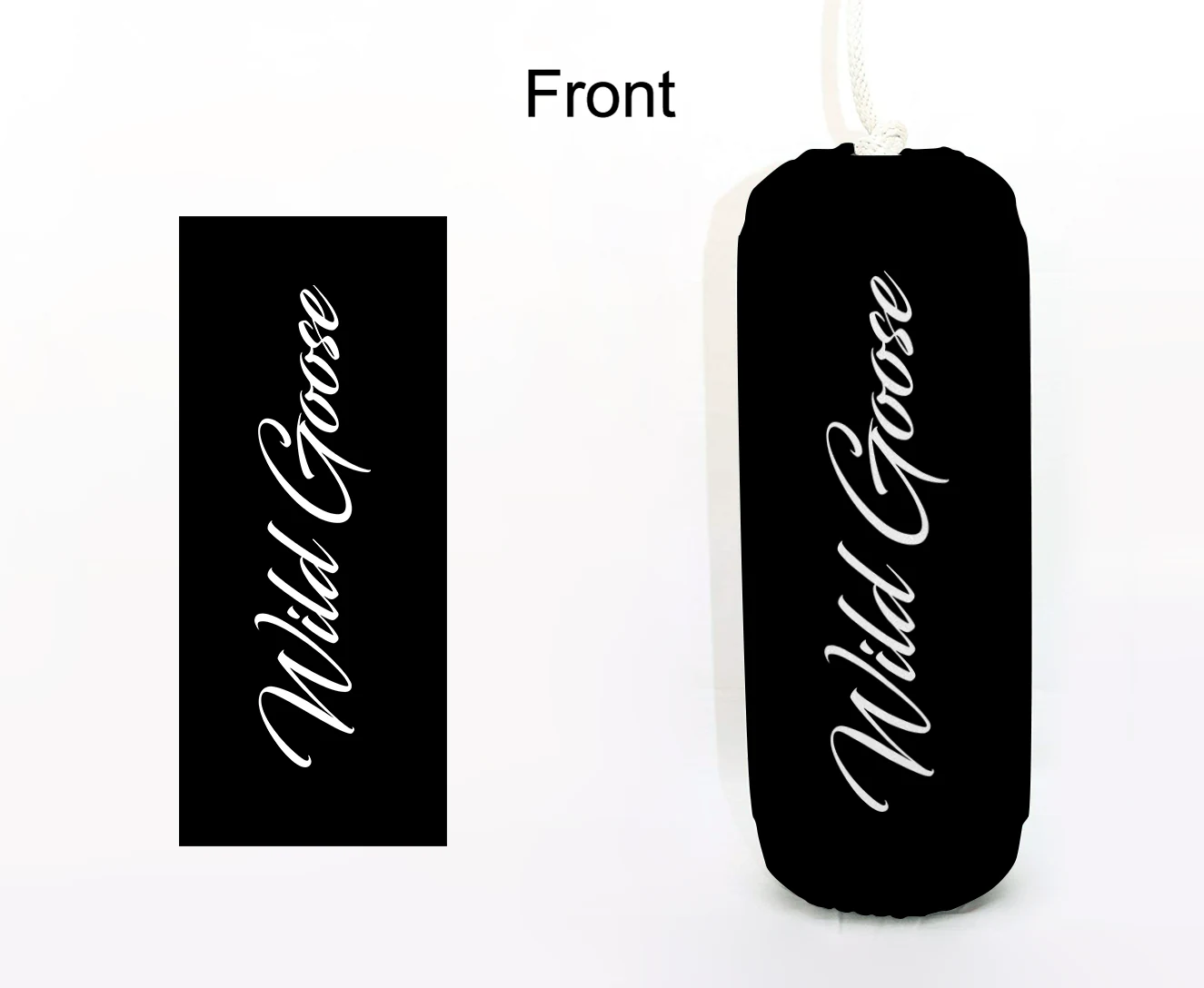 Wild Goose FenderSox™ — black colorway with white wordmark, front view