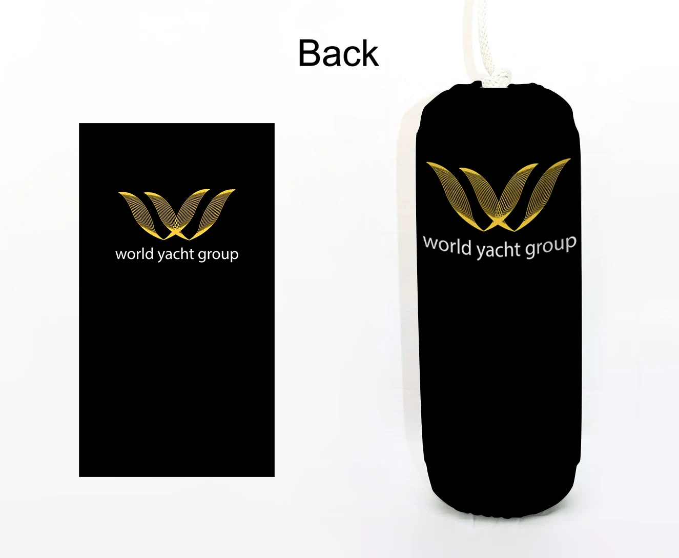 World Yacht Group FenderSox™ — black colorway with gold and white wordmark, back view