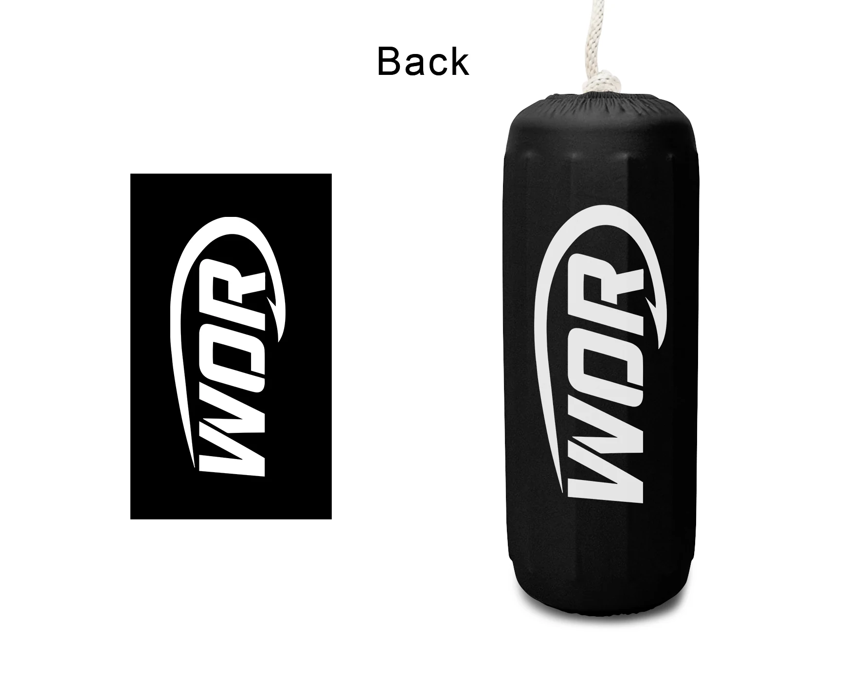 Wraps On Right (WOR) FenderSox™ — black colorway with white wordmark, back view