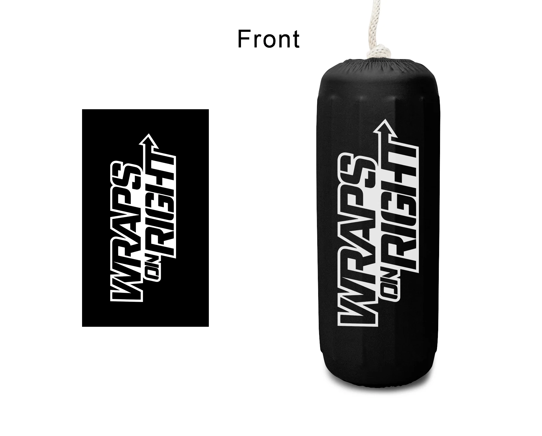 Wraps On Right (WOR) FenderSox™ — black colorway with white wordmark, front view