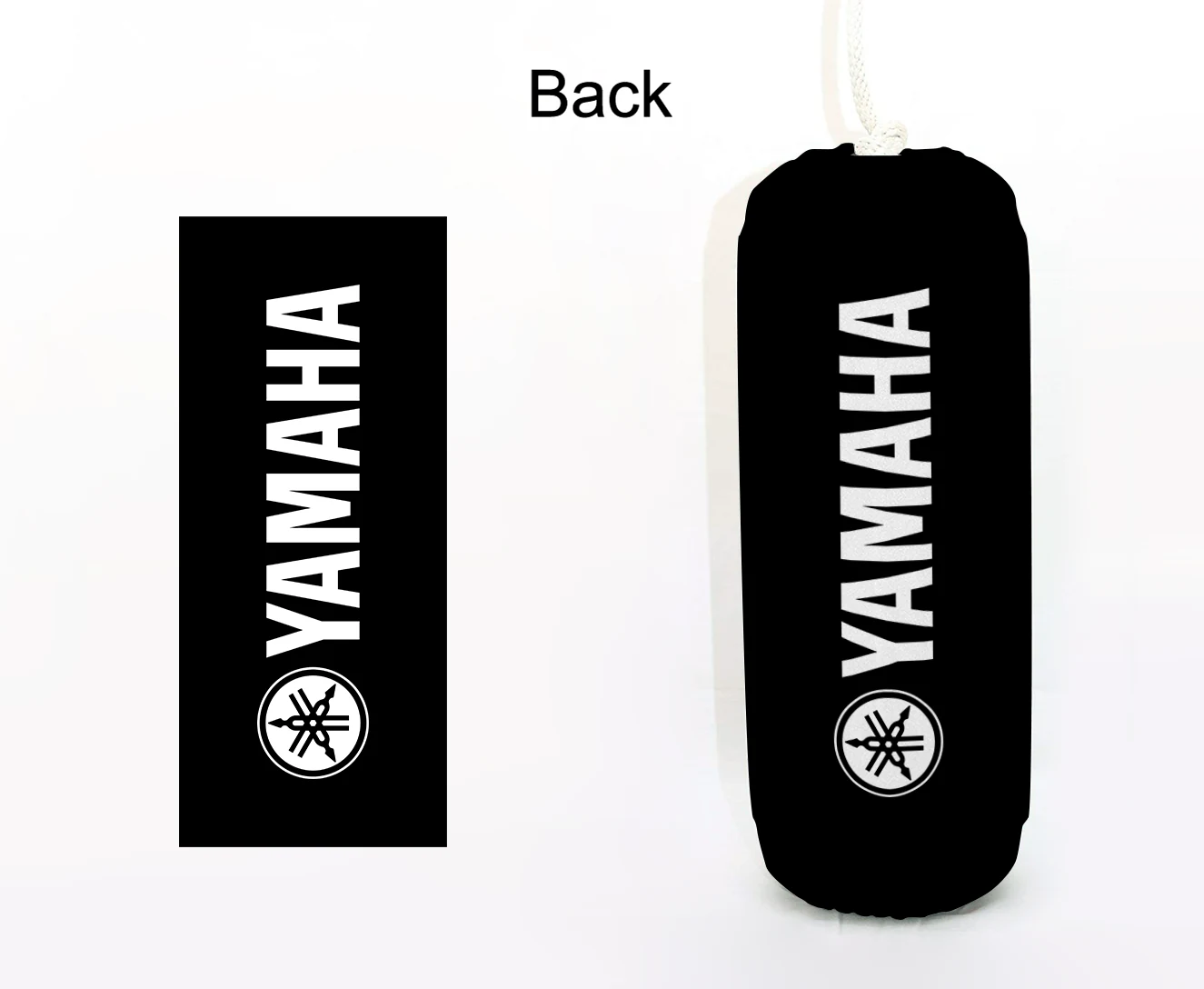 Yamaha FenderSox™ — black colorway with white wordmark, back view