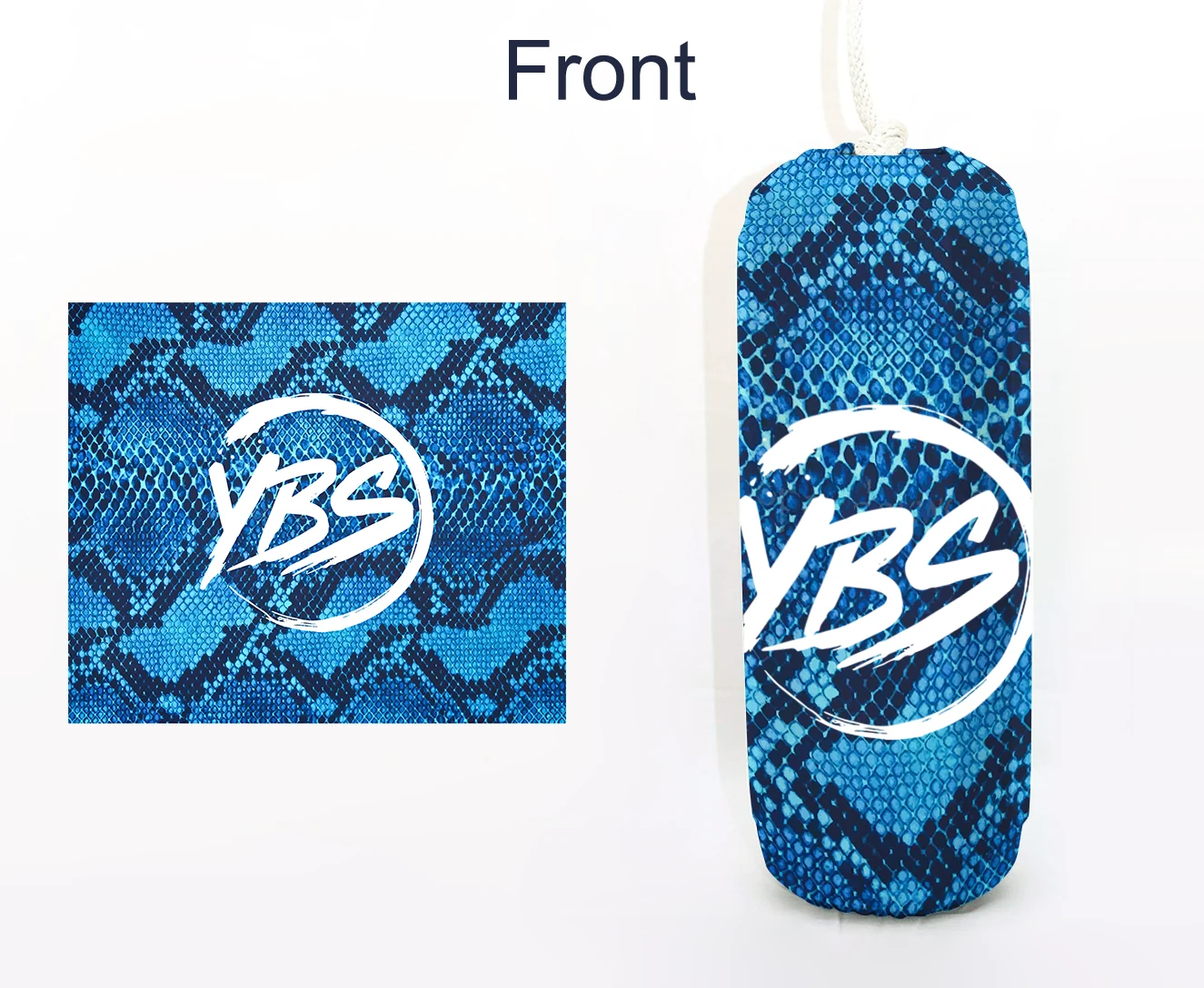 YBS FenderSox™ — blue colorway with black and white snakeskin graphic, front view