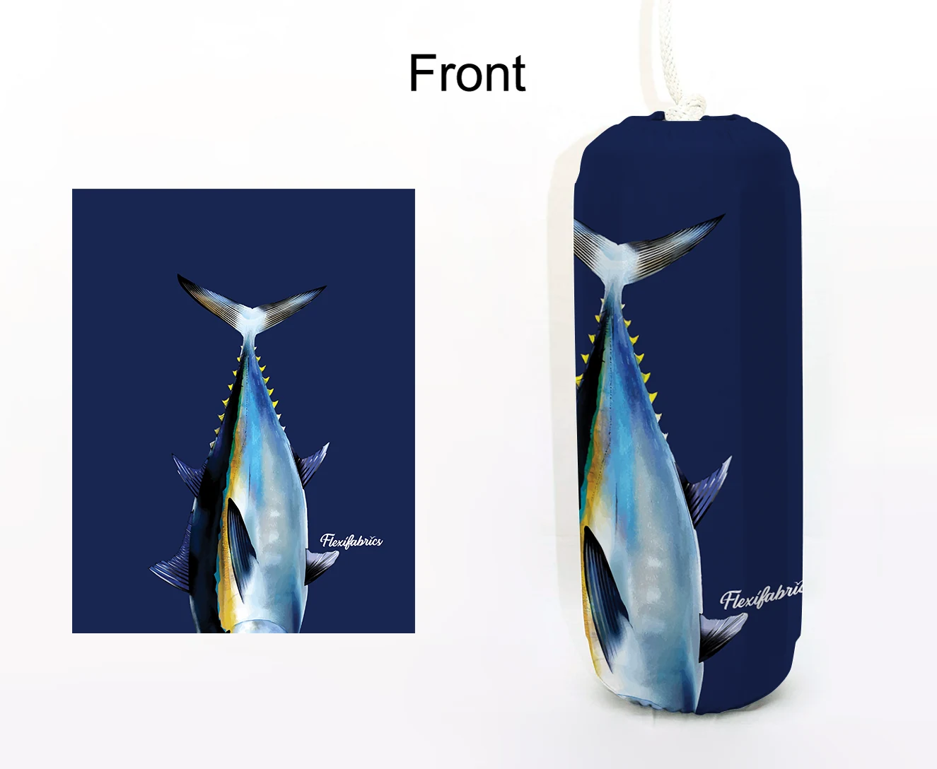 Yellowfin Tuna Flexifabrics FenderSox™ — navy colorway with blue, yellow, and white tuna graphic, front view